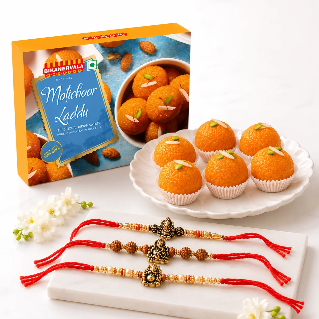 3 Ganapathi Rakhis with Laddoo featuring 250g traditional motichur laddoos and three beautifully crafted Ganapathi rakhis